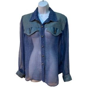 Vintage Vera Crutina Sheer Button Front Denim Look Shirt Top Fit L/XL Made USA